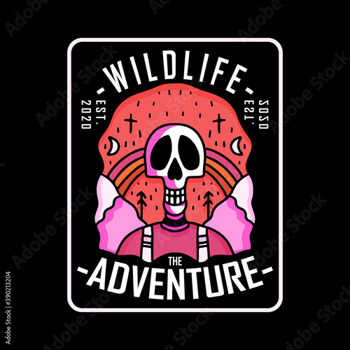 Skull and wild nature with adventure typography, illustration with hipster style. Vector graphics for t-shirt prints and other uses.