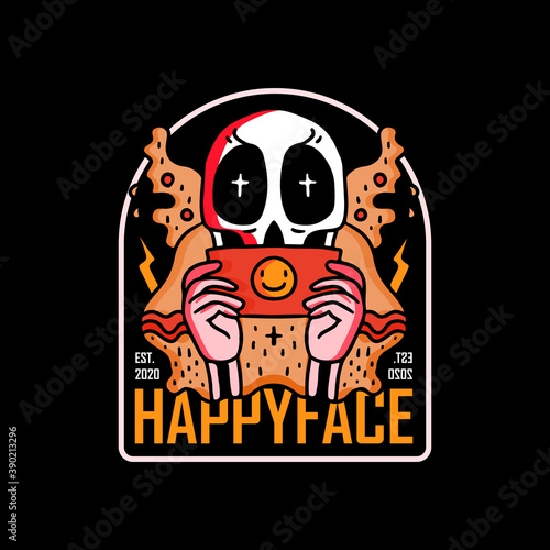 Skull in hype style holding money with smile emoji, with happy face typography, illustration with hipster style. Vector graphics for t-shirt prints and other uses.