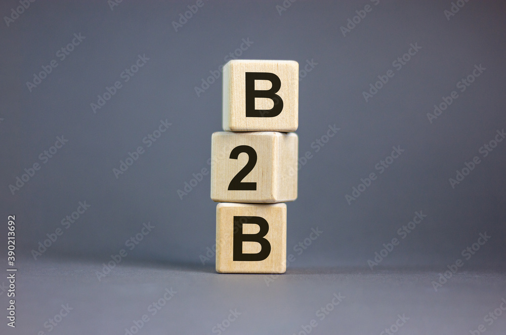 Concept word 'B2B - business to business' on cubes on a beautiful grey background. Business concept. Copy space. Concept word 'B2B - business to business' on cubes on a beautiful grey background. Business concept. Copy space.