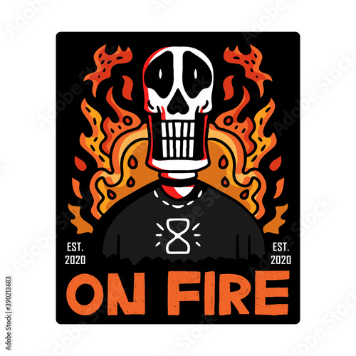 Skull on fire illustration with hipster style. Vector graphics for t-shirt prints and other uses.