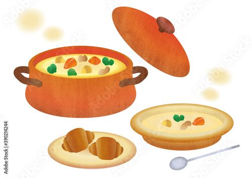 お鍋とお皿のクリームシチューの素材イラスト