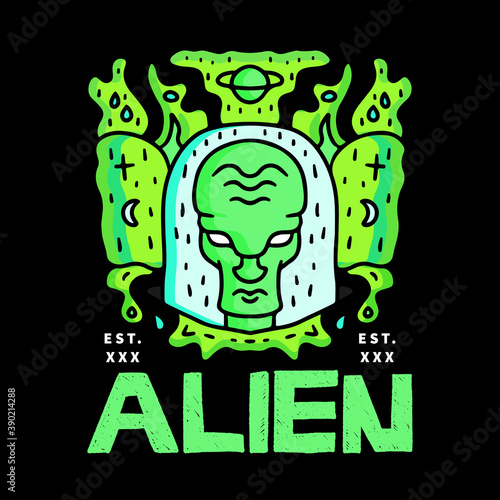 alien in space illustration with hipster style. Vector graphics for t-shirt prints and other uses.