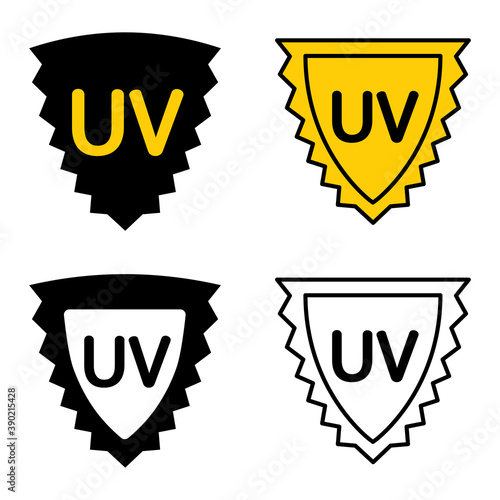Ultraviolet shield. UV protection icons. UV light disinfection. Ultraviolet germicidal irradiation. Badge for sun protection cosmetic products. Surface cleaning and protect. Vector