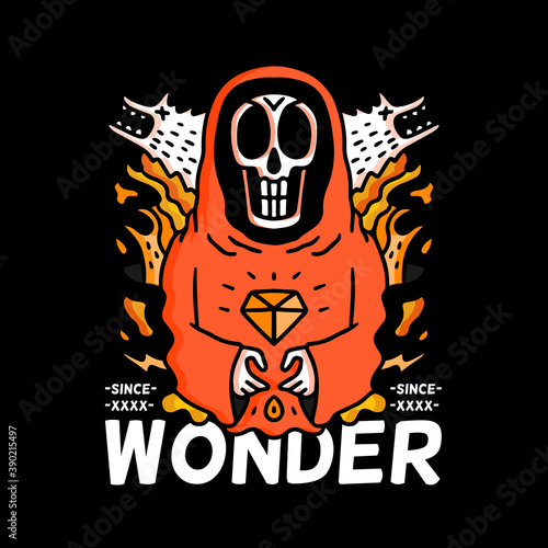 Skull wearing hoodie in hype style and holding diamond with wonder typography, illustration with hipster style. Vector graphics for t-shirt prints and other uses.