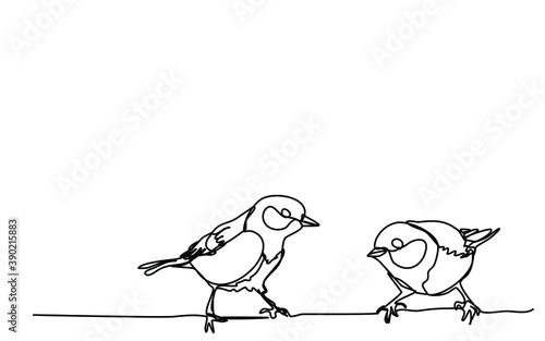 Titmouses are drawn with one Continuous line on a white background. Freehand illustration for Christmas and New Years Eve. Vector modern minimalistic illustration.