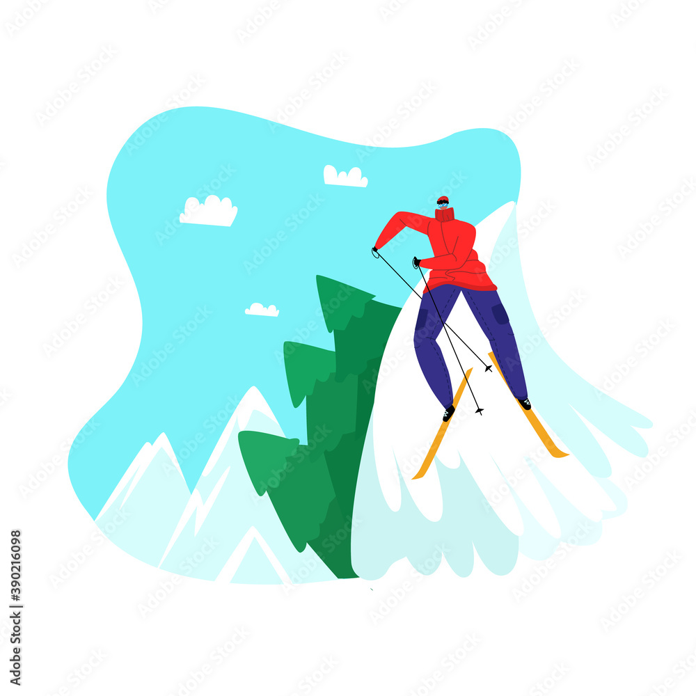 Vector illustration with skier rolling down mountain slope at competition. Concept of ski resort, winter, extreme sports. It can be used in web design, banners, etc. Vector illustration with skier rolling down mountain slope at competition. Concept of ski resort, winter, extreme sports. It can be used in web design, banners, etc.