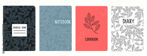 Cover page vector templates based on patterns with hand drawn elm tree branches. Background for school exercise books, notebooks, diaries