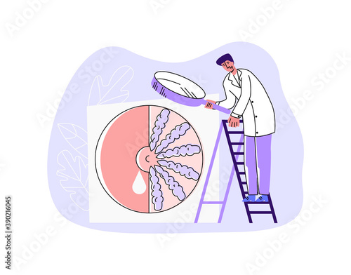 Vector illustration doctor looking at abstract breast through enlarged magnifying glass. Concept diagnostics in mammology, hypogalactia, inflammatory and cancer diseases.