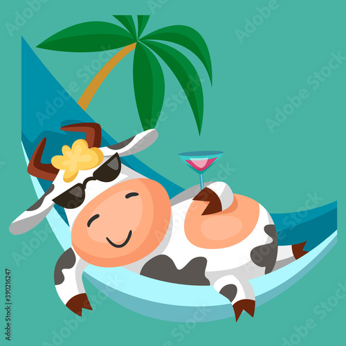 A cute funny black and white spotted cow relaxes in a hammock. Cartoon vector illustration