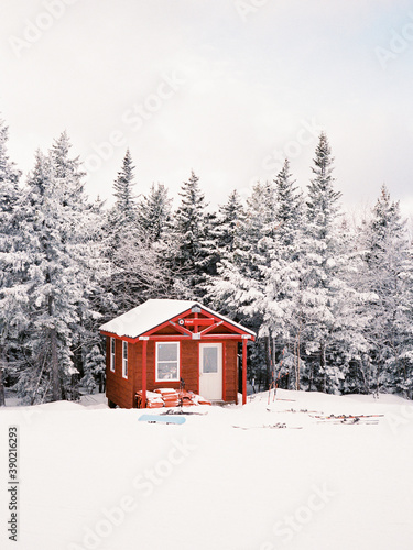 A snowy ski patrol shack at a ski resort.