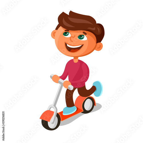 Cute happy boy rides a kick scooter. Cartoon vector illustration isolated on white background.