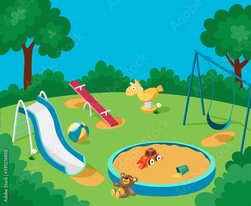 Empty playground with no children. Swing, slide, seesaw, spring rocker, sandbox and abandoned toys on the green grass. Cartoon vector illustration