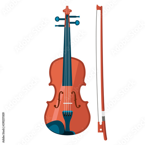 Cartoon violin and bow. Vector illustration isolated on white background.