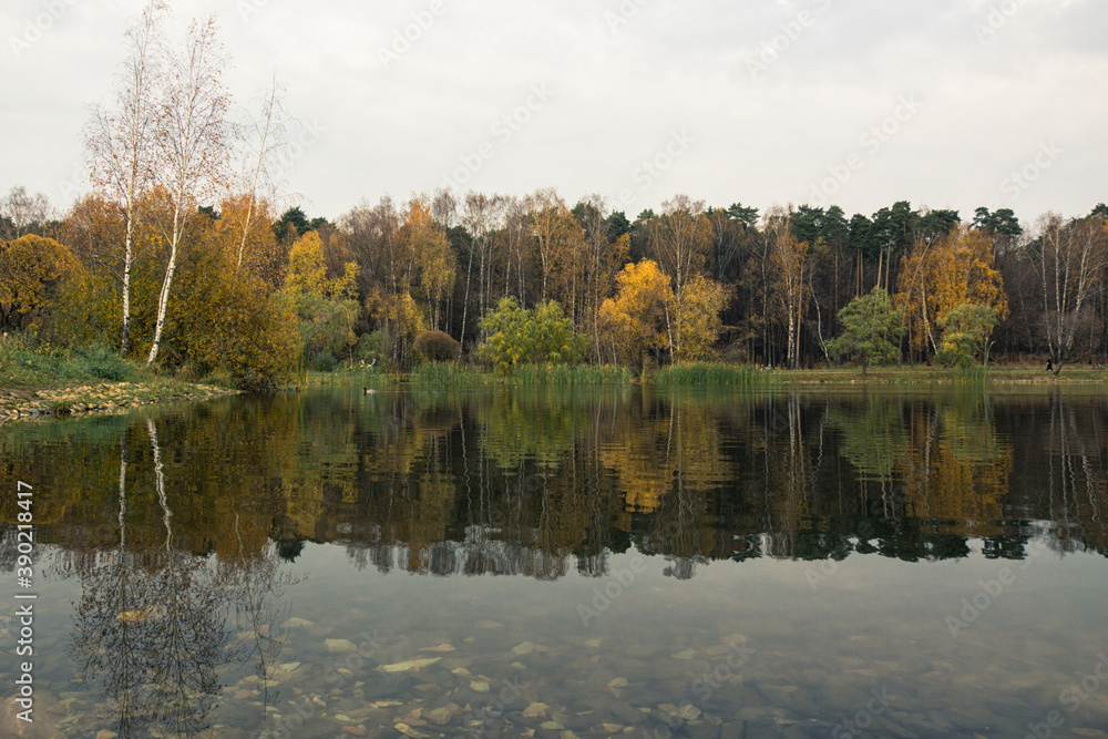 autumn in Pokrovskoe Streshnevo Park with a view of the pond in Moscow