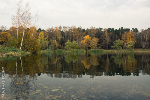 autumn in Pokrovskoe Streshnevo Park with a view of the pond in Moscow