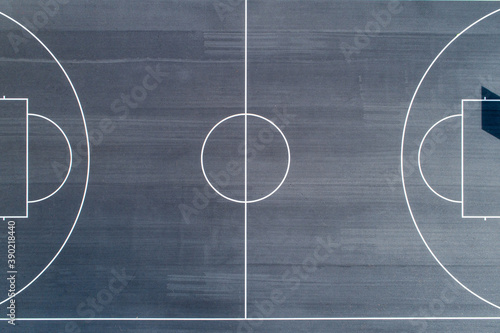 Overhead aerial views of back outdoor basketball courts with no people