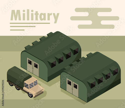 military camp with barracks and truck transport