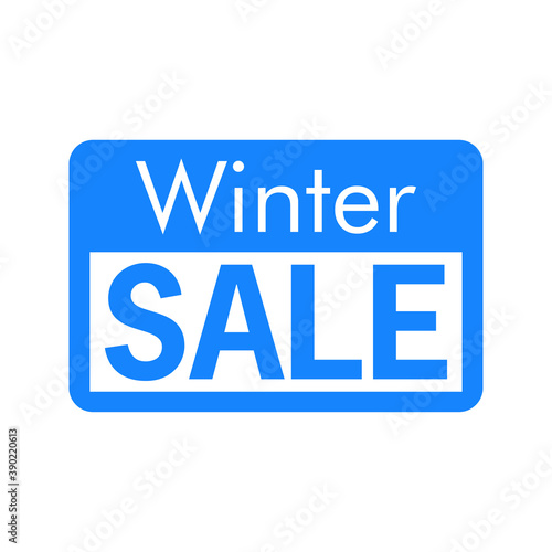 Rebajas de invierno. Logotipo con texto Winter Sale en etiqueta en color azul y blanco