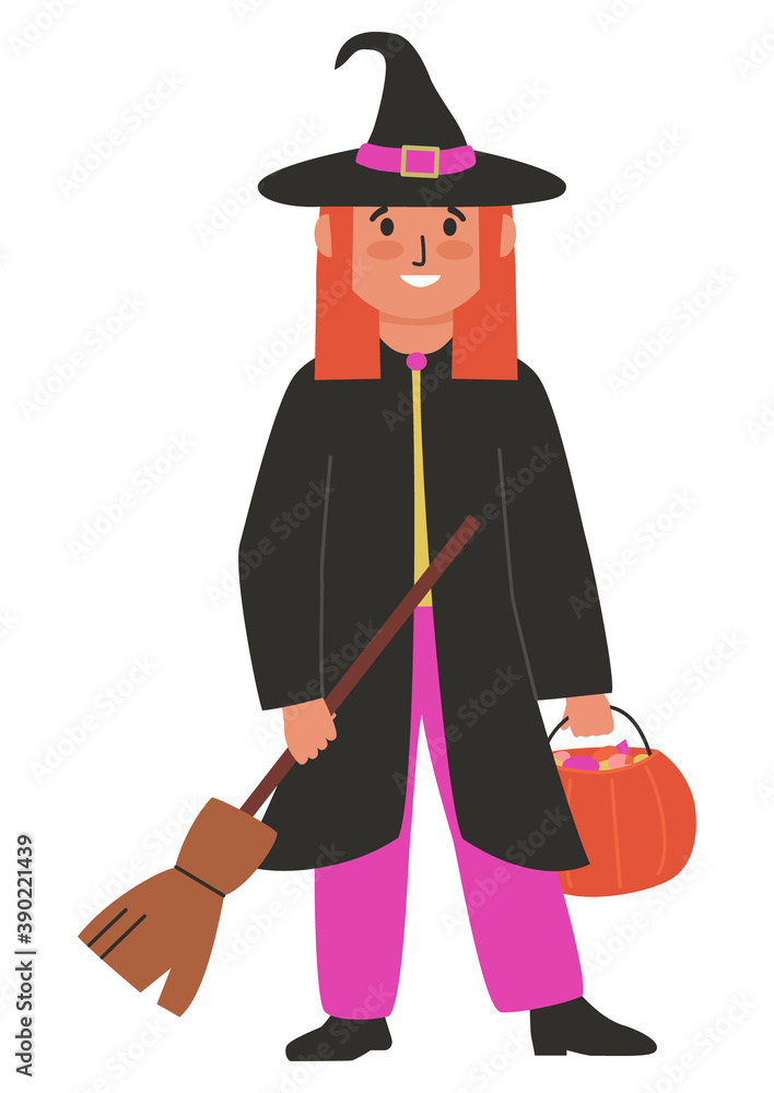 Witch in a hat and mantle, with broom and pumpkin with sweets. Cute little girl in halloween costume. Flat cartoon vector illustration. Magic sorceress with a broomstick.  Isolated on white background