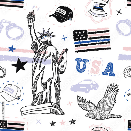 Seamless pattern with USA Police flag, eagle, handcuffs, Statue of Liberty, lettering, stars and police car for textiles. Vector military background for American holidays.