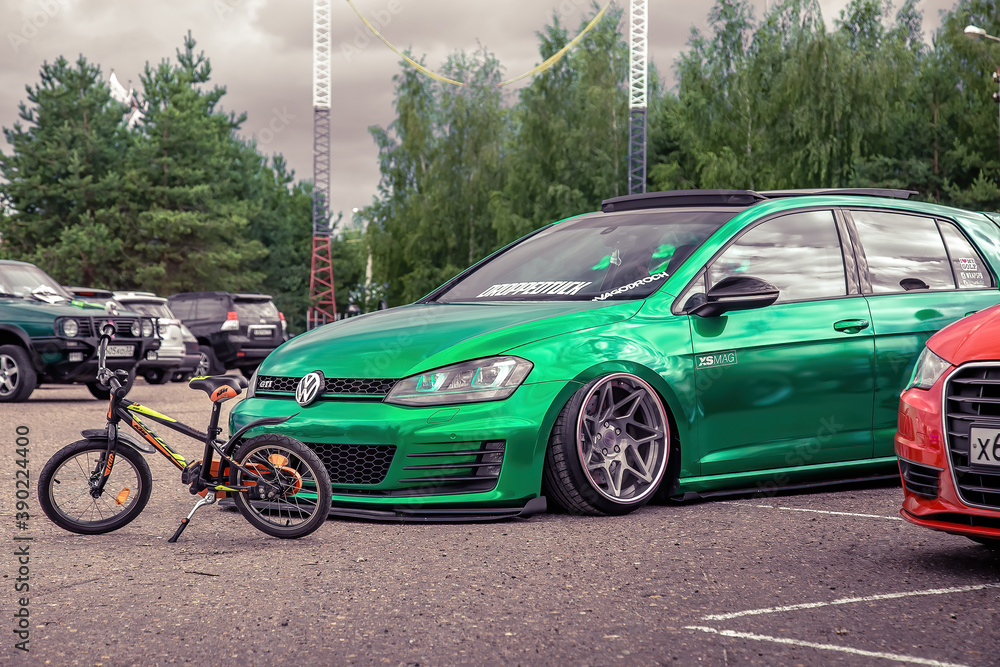 Moscow, Russia July 06, 2019 Tuned Golf 7 tightened into a green