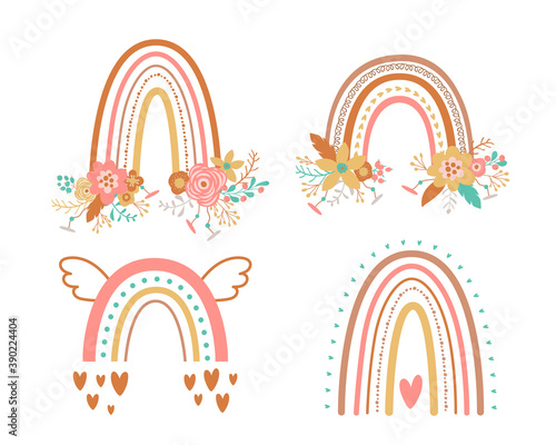 Floral rainbow set Tribal boho chic rainbow flowers clipart Pink bohemian rainbow graphic element. Vector