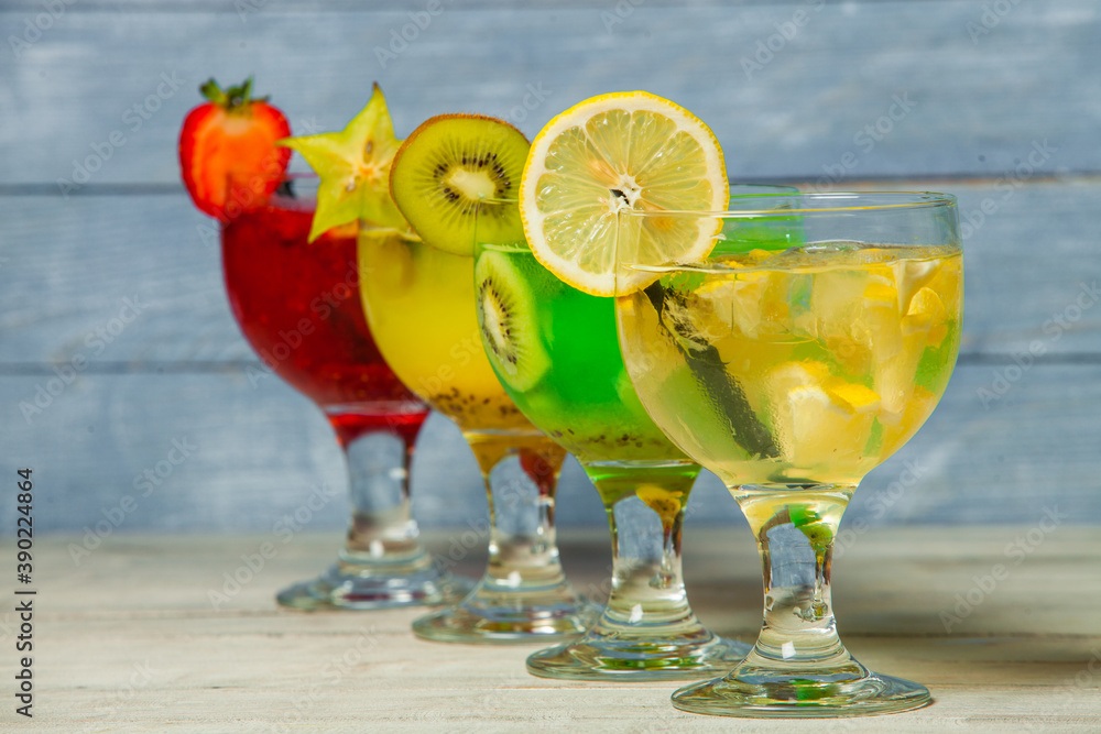 Cocktails and soft drinks. Fruit juice cocktail drink. assorted