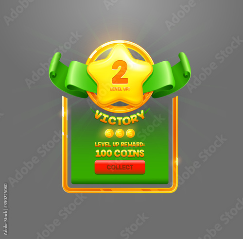 Level up Victory reward cartoon vector. Online game app UI isolated design element. Successful level complete realistic badge. Prize coins collect button. 
