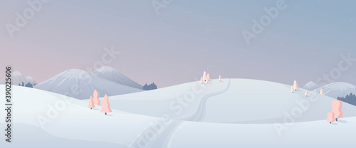 Vector illustration. Cartoon panoramic view of winter nature in pastel pink and blue. Mountains with snow-capped peaks, trees, firs, hills in the snow. A path leading off into the distance, Christmas