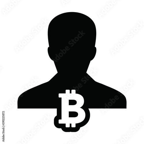 Cryptocurrency icon vector bitcoin blockchain with male person profile avatar for digital wallet in a glyph pictogram illustration