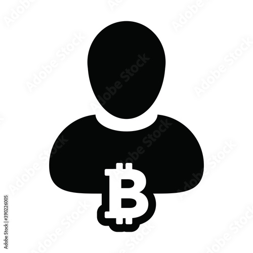 Coin icon vector bitcoin cryptocurrency blockchain with male person profile avatar for digital wallet in a glyph pictogram illustration