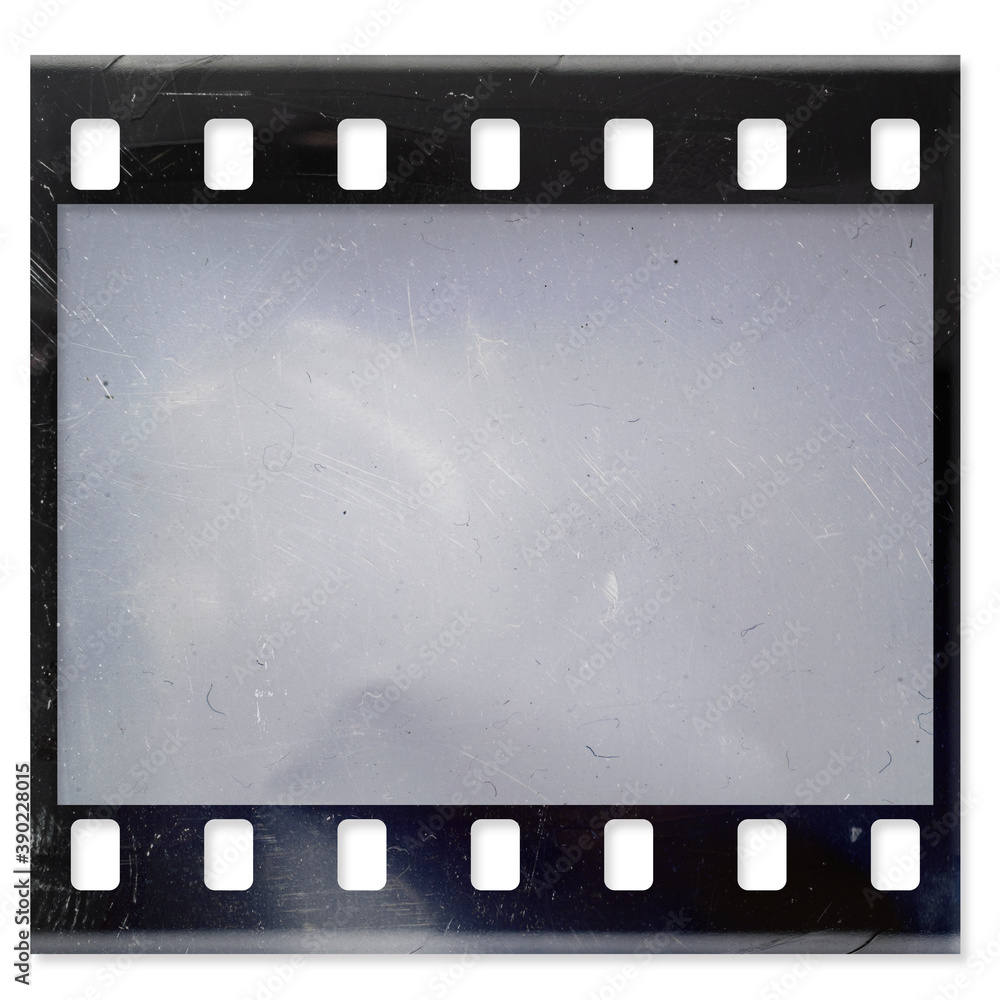 film strip background, old film snip with empty cell or window on white background with nice surface texture.
