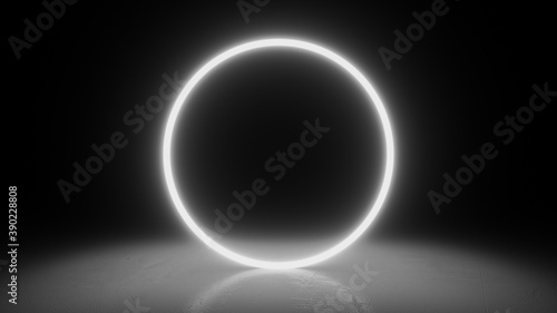 Circle neon white light in black hall room. Abstract geometric background. Futuristic concept. Glowing in concrete floor room with reflections. 3d rendering
