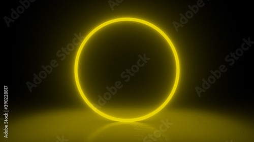 Circle neon yellow light in black hall room. Abstract geometric background. Futuristic concept. Glowing in concrete floor room with reflections. 3d rendering