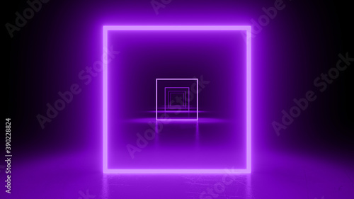 Square neon purple light in black hall room. Abstract geometric background. Corridor of forms.
