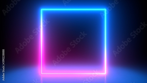 Neon light frame glowing in duotone colors. Pink and blue. Abstract geometric background. Energy square. Futuristic concept. Glowing in concrete floor room with reflections. 3d rendering