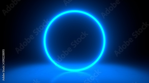 Circle neon blue light in black hall room. Abstract geometric background. Futuristic concept. Glowing in concrete floor room with reflections. 3d rendering