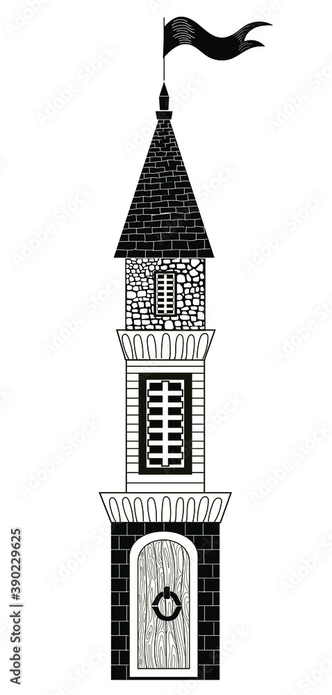 Stone tower with windows, a door and a flag. The drawing is done in black and white. The drawing is isolated on a white background. Stock vector illustration.