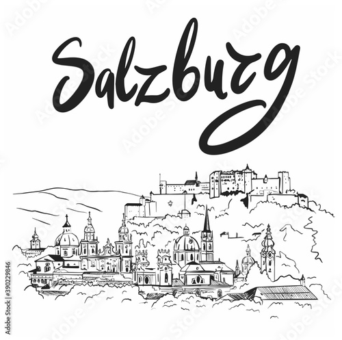 Salzburg Fortress sketch. Salzburg hand drawn illustration isolated on white background. Vector illustration eps10.Hand drawn illustration for cards, posters, stickers and professional design.