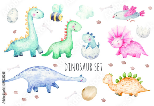 set of cute dinosaurs, birds, wasps, footprints and eggs childrens   illustration, kids room decor, print, textiles