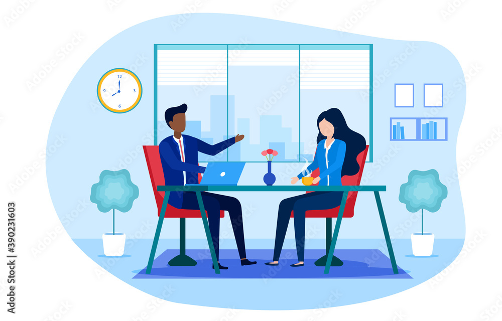 Business people have meeting in business office. Businessman and businesswoman sitting at desk and talking. Cartoon flat vector illustration