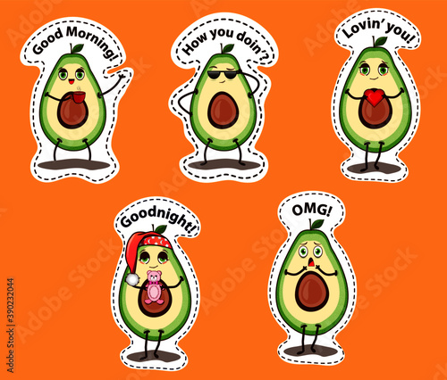 Avocado stickers set in vector illustration
