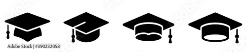 Graduation hat cap icons set. Academic cap. Graduation student black cap and diploma - stock vector.