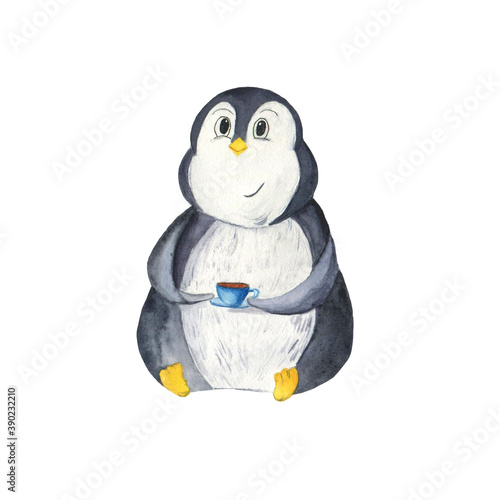 Plump penguin with a Cup of tea, watercolor, cozy. Pet cute penguin with hot tea, for children's book, wrapping paper, children's room design, stickers, scrapbooking © Veronika
