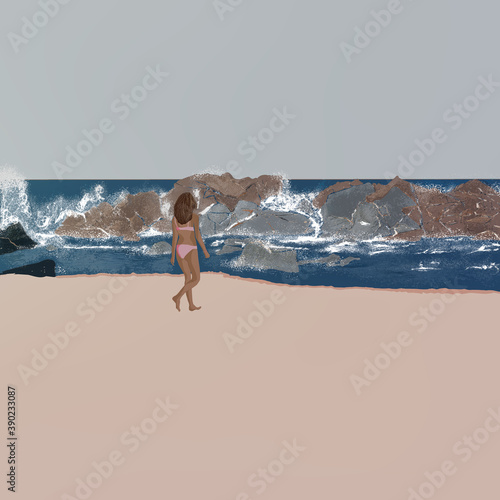Młoda kobieta w stroju kąpielowym spacerująca po plaży  w słonecznej Kalifornii