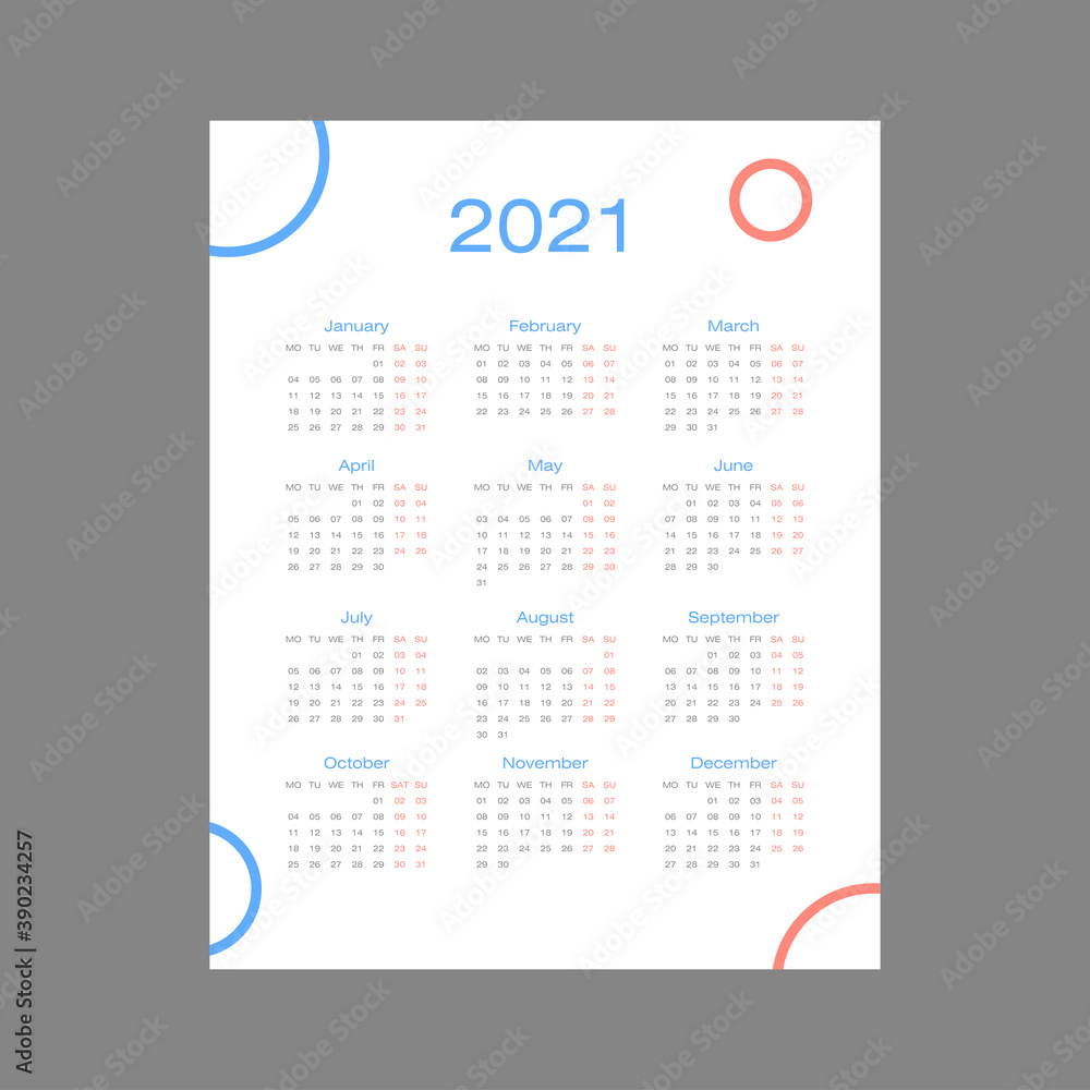 Calendar for 2021 isolated on a white background. Calendar for 2021 isolated on a white background.