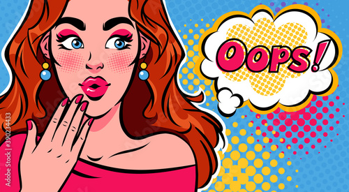 Surprised woman and Oops speech bubble. Pop art vector retro illustration.