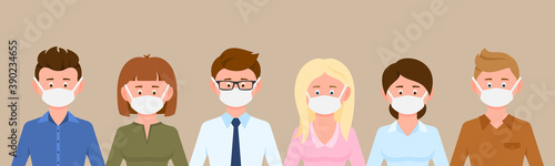 Cartoon character man and woman wearing medical masks protecting disease, flu vector illustration set. Group of male and female people preventing corona virus infection background