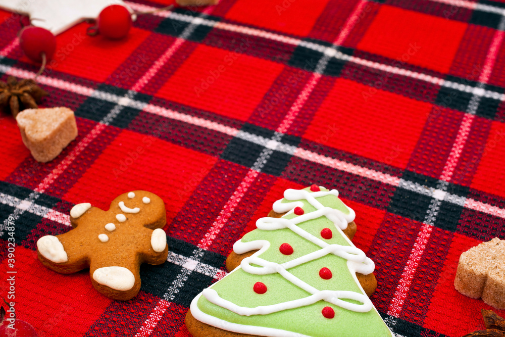 Christmas greeting card. Gingerbread man, fir shaped cookie and red berries on a red tartan background. Text space.