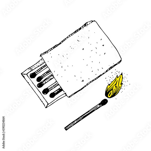 Vector illustration of a box of matches and a burning match. Stroke. Black color. The fire. Warmly. Shine.